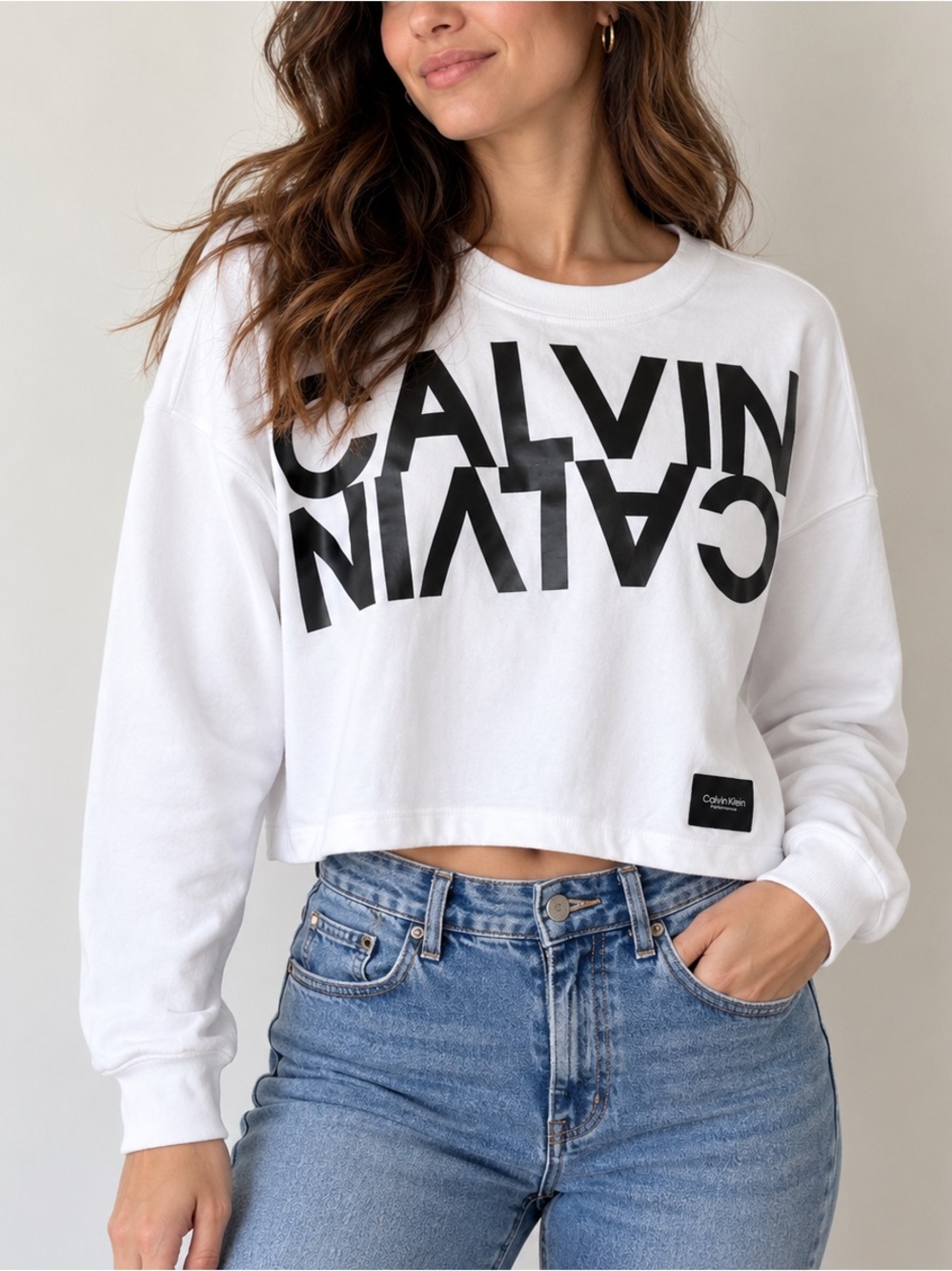 Calvin Klein Performance White Logo Cropped Sweatshirt Pullover Long Sleeve